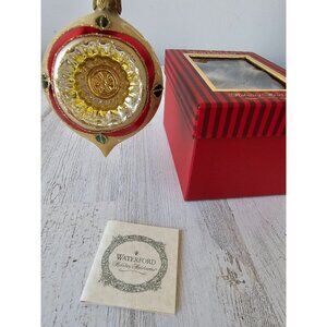 Waterford holiday star bulb reflector ornament glass gold red green Xmas tree he